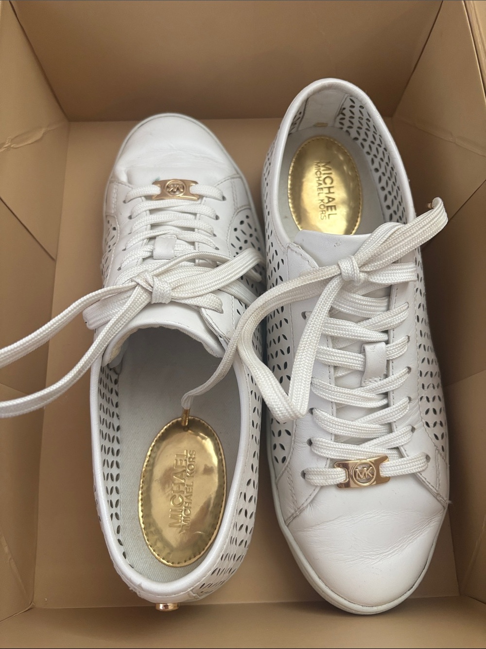 Michael Kors White Perforated Leather Lace-Up Sneakers with Gold Accents